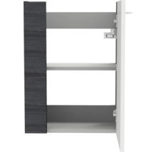 Geöffneter Badezimmerschrank mit Front in dunkler Holzoptik, Einlegeboden und Metallscharnieren.