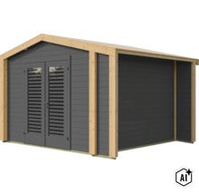 Abri de jardin moderne en bois avec double porte et fenêtres à persiennes pour le rangement. (Image AI modified or generated)