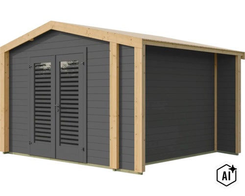 Abri de jardin moderne en bois avec double porte et fenêtres à persiennes pour le rangement. (Image AI modified or generated)