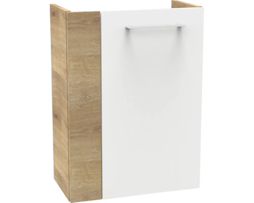 Badezimmerunterschrank mit Korpus in Holzoptik und weißer Front mit Metallgriff.