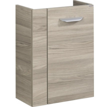 Meuble sous-vasque Fackelmann en aspect bois avec une porte et une poignée argentée.