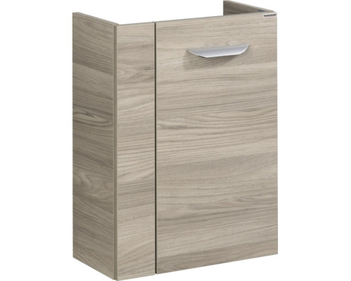 Meuble sous-vasque Fackelmann en aspect bois avec une porte et une poignée argentée.