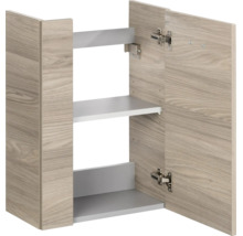 Meuble de salle de bains suspendu aspect bois avec deux portes, une porte ouverte, deux étagères intérieures et charnières métalliques.