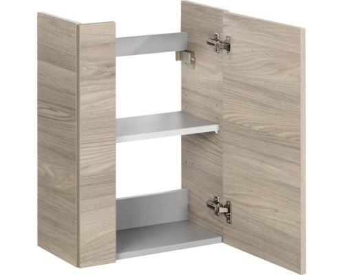Meuble de salle de bains suspendu aspect bois avec deux portes, une porte ouverte, deux étagères intérieures et charnières métalliques.