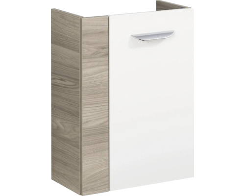 Badezimmer-Unterschrank mit weißer Front, Seitenteilen in Holzoptik und einem silbernen Metallgriff.