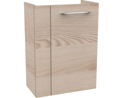 Badezimmerschrank in Holzoptik mit einer Tür und Metallgriff.