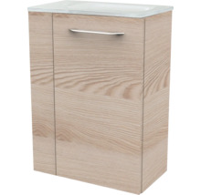 Meuble sous-vasque avec lavabo inclus, aspect bois avec une poignée métallique horizontale.