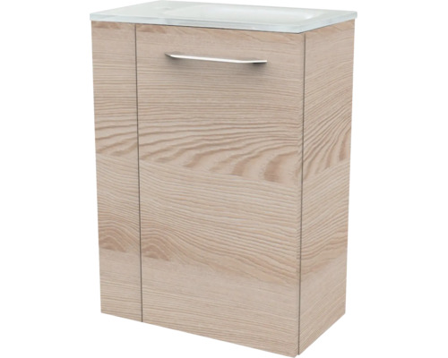 Meuble sous-vasque avec lavabo inclus, aspect bois avec une poignée métallique horizontale.