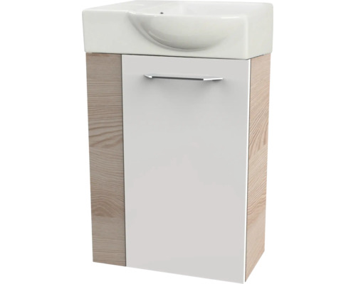 Gäste-WC-Set mit Keramik-Waschbecken und Unterschrank in Eiche-Optik mit weißer Front.