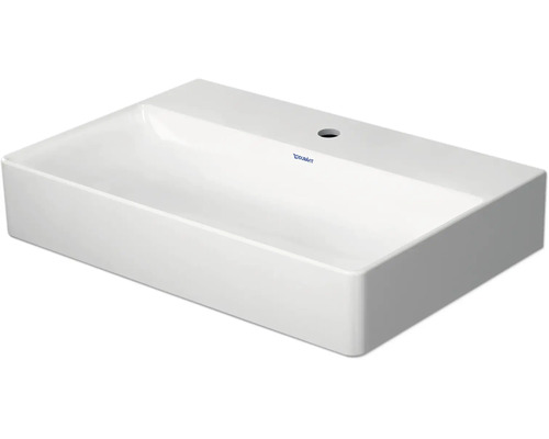 Vasque à poser rectangulaire blanche Duravit en céramique sanitaire avec un trou pour robinetterie.