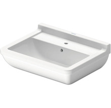Weißes rechteckiges Waschbecken aus Keramik mit einem Hahnloch und Überlauf von Duravit.