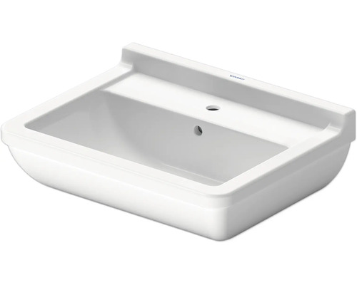 Lavabo blanc rectangulaire en céramique avec un trou de robinetterie et trop-plein de Duravit.