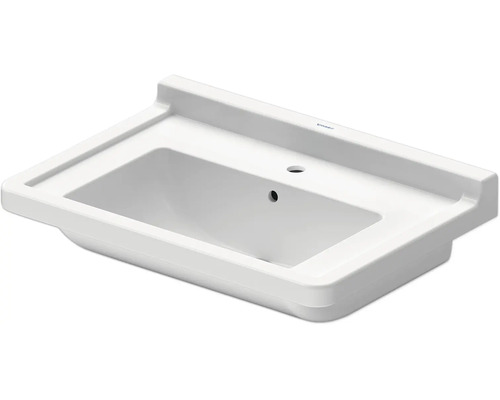 Lavabo rectangulaire en céramique avec trou pour robinetterie et trop-plein.