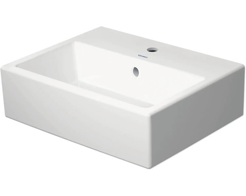 Lavabo à poser rectangulaire blanc en céramique avec un trou pour robinet et trop-plein de Duravit.