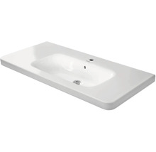 Lavabo rectangulaire en céramique blanche avec vasque intégrée, trou pour robinetterie et trop-plein.