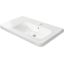 Rechteckegt Waschbecken aus wäisser Keramik vun Duravit mat engem Hahnlach an Iwwerlaf.