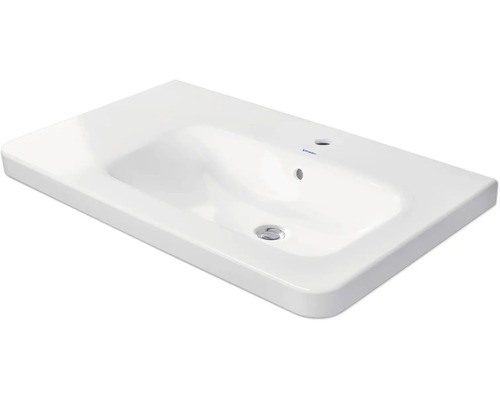 Lavabo rectangulaire en céramique blanche de Duravit avec un trou de robinetterie et trop-plein.