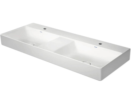 Lavabo double Duravit en céramique sanitaire de forme rectangulaire avec deux trous de robinetterie.