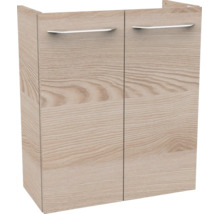 Meuble sous-vasque aspect bois avec deux portes et poignées argentées.