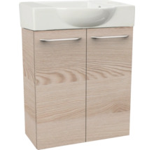 Waschbeckenunterschrank mit Keramikwaschbecken, helle Holzoptik, zwei Türen mit silbernen Griffen.