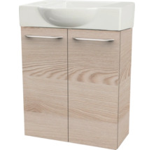 Meuble sous-vasque avec lavabo en céramique, aspect bois clair, deux portes et poignées argentées.