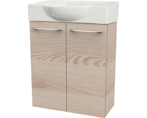Meuble sous-vasque avec lavabo en céramique, aspect bois clair, deux portes et poignées argentées.