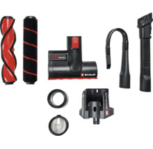 Set accessoires aspirateur Einhell avec brosses rotatives, suceur sol, tuyau flexible, suceurs, filtres et support mural.