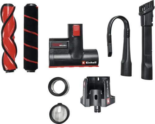 Set accessoires aspirateur Einhell avec brosses rotatives, suceur sol, tuyau flexible, suceurs, filtres et support mural.