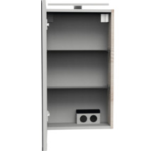 Vue intérieure d'une armoire de toilette grise avec deux tablettes en verre, une double prise et un éclairage supérieur.