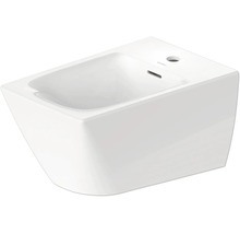 Bidet suspendu en céramique blanche avec trou pour robinetterie et trop-plein.