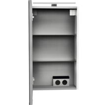 Vue intérieure de armoire de toilette avec deux étagères en verre, éclairage supérieur et double prise intégrée
