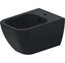 Bidet suspendu en céramique noire avec un trou de robinetterie et trop-plein de Duravit.