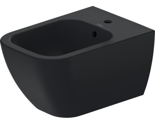 Bidet suspendu en céramique noire avec un trou de robinetterie et trop-plein de Duravit.