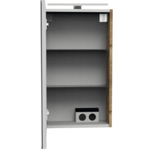 Armoire de toilette ouverte avec deux tablettes en verre, double prise intégrée et luminaire sur le dessus.