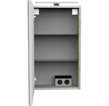 Offener Badezimmer-Spiegelschrank mit zwei Glaseinlegeböden, integrierter Beleuchtung, Doppelsteckdose im Innenraum und Seitenwand in Holzoptik.