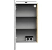 Armoire de toilette ouverte avec deux étagères, éclairage intégré et double prise de courant à l'intérieur.