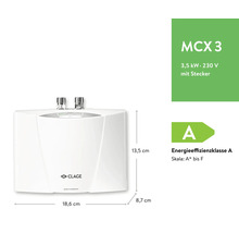 Chauffe-eau instantané Clage MCX 3, 3,5 kilowatts, 230 volts avec fiche, classe d'efficacité énergétique A, 18,6 par 13,5 par 8,7 centimètres.
