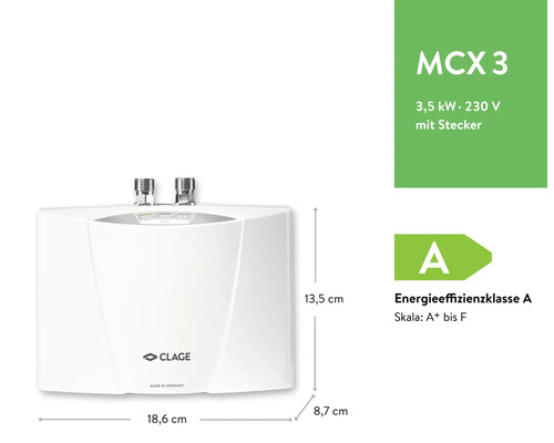 Chauffe-eau instantané Clage MCX 3, 3,5 kilowatts, 230 volts avec fiche, classe d'efficacité énergétique A, 18,6 par 13,5 par 8,7 centimètres.