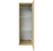 Badezimmer-Hochschrank in Holzoptik mit geöffneter Tür und zwei Glaseinlegeböden.