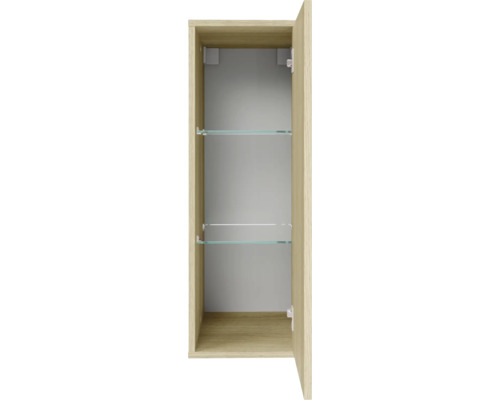 Badezimmer-Hochschrank in Holzoptik mit geöffneter Tür und zwei Glaseinlegeböden.