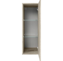 Offener Bad-Hochschrank in Holzoptik mit zwei Glaseinlegeböden.