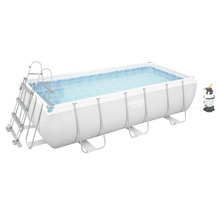 Piscine rectangulaire Bestway Power Steel avec échelle de sécurité et pompe de filtration. Intérieur avec motif mosaïque et cadre en acier.