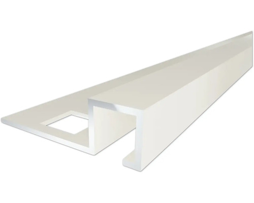 Profilé de finition pour carrelage blanc en forme de U avec aile de fixation perforée.