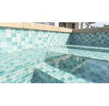 Piscine avec mosaïque sur les parois et les marches, eau claire et margelles.