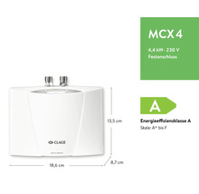 Chauffe-eau instantané Clage MCX 4, 4,4 kilowatts, 230 volts, raccordement fixe, classe énergétique A, 13,5 x 18,6 x 8,7 centimètres, Logo Clage.