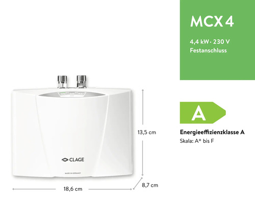 Chauffe-eau instantané Clage MCX 4, 4,4 kilowatts, 230 volts, raccordement fixe, classe énergétique A, 13,5 x 18,6 x 8,7 centimètres, Logo Clage.