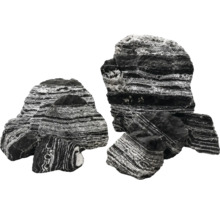Pierre zébrée, pierre naturelle décorative avec rayures noires et blanches pour aquariums ou jardin.