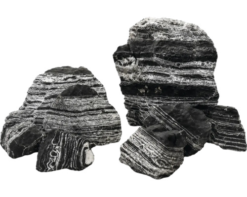 Pierre zébrée, pierre naturelle décorative avec rayures noires et blanches pour aquariums ou jardin.