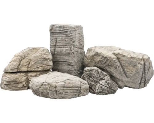 Künstliche Felsen zur Dekoration von Garten oder Teich, verschiedene Formen und Größen mit strukturierter Oberfläche.