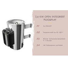 Poêle de sauna électrique 3,6 kilowatts en inox avec raccordement Plug and Play, température 50 à 80 degrés et minuterie mécanique.